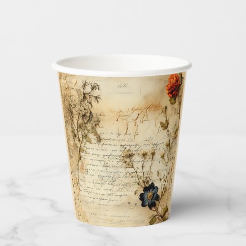 Vintage Parchment Love Letter with Flowers 5 Paper Cups