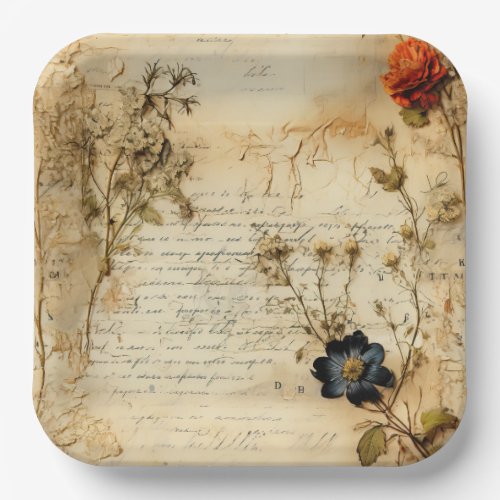 Vintage Parchment Love Letter with Flowers 5 Paper Plates