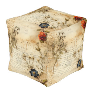 Vintage Parchment Love Letter with Flowers (5) Pouf