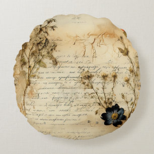 Vintage Parchment Love Letter with Flowers (5) Round Pillow