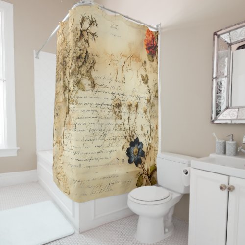 Vintage Parchment Love Letter with Flowers 5 Shower Curtain