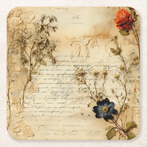 Vintage Parchment Love Letter with Flowers 5 Square Paper Coaster
