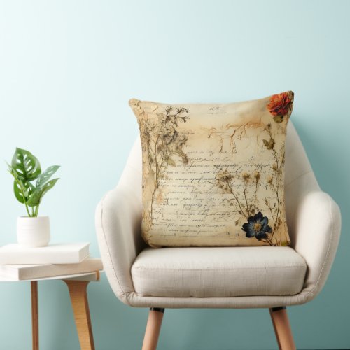 Vintage Parchment Love Letter with Flowers 5 Throw Pillow