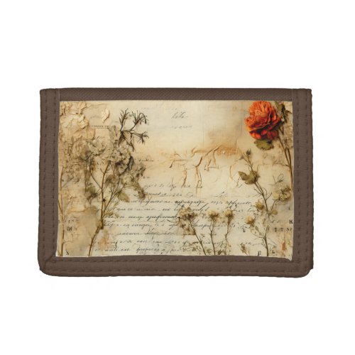 Vintage Parchment Love Letter with Flowers 5 Trifold Wallet