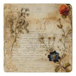 Vintage Parchment Love Letter with Flowers (5) Trivet