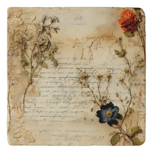 Vintage Parchment Love Letter with Flowers 5 Trivet