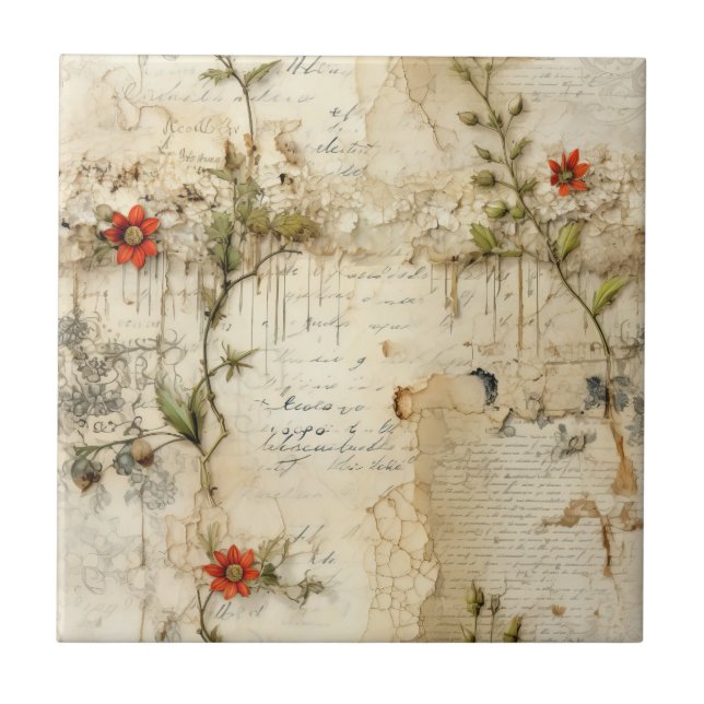 Vintage Parchment Love Letter with Flowers (6) Ceramic Tile (Front)