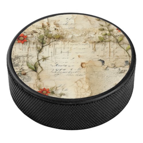 Vintage Parchment Love Letter with Flowers 6 Hockey Puck