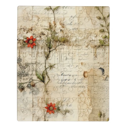 Vintage Parchment Love Letter with Flowers 6 Jigsaw Puzzle