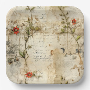 Vintage Parchment Love Letter with Flowers (6) Paper Plates