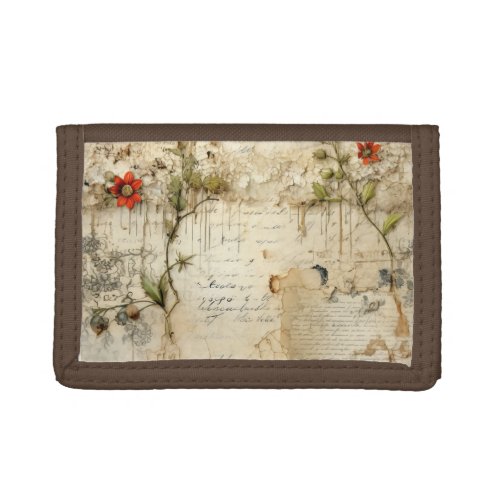 Vintage Parchment Love Letter with Flowers 6 Trifold Wallet