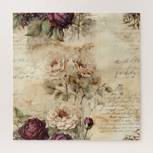 Vintage Parchment Love Letter with Flowers 7 Jigsaw Puzzle