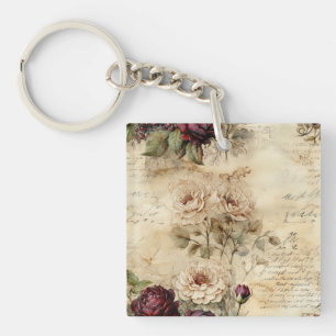 Vintage Parchment Love Letter with Flowers (7) Keychain