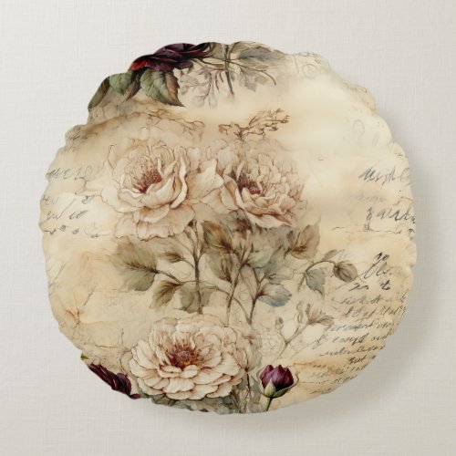 Vintage Parchment Love Letter with Flowers 7 Round Pillow