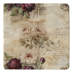 Vintage Parchment Love Letter with Flowers (7) Trivet