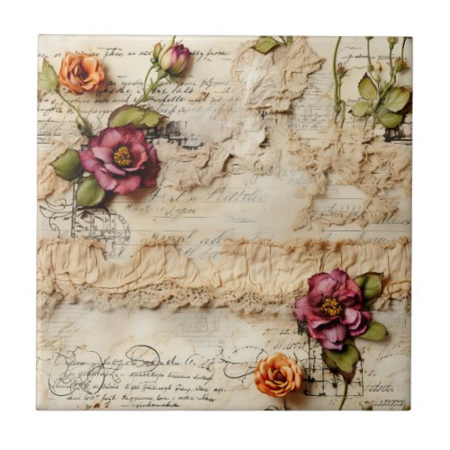 Vintage Parchment Love Letter with Flowers 8 Ceramic Tile