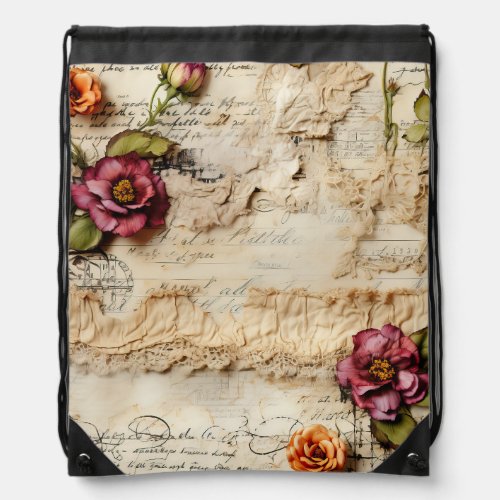 Vintage Parchment Love Letter with Flowers 8 Drawstring Bag