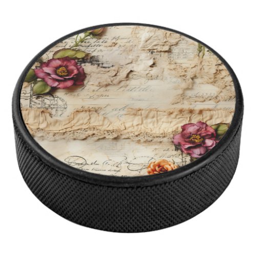 Vintage Parchment Love Letter with Flowers 8 Hockey Puck
