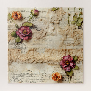 Vintage Parchment Love Letter with Flowers (8) Jigsaw Puzzle