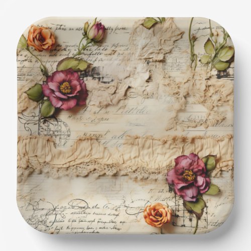 Vintage Parchment Love Letter with Flowers 8 Paper Plates