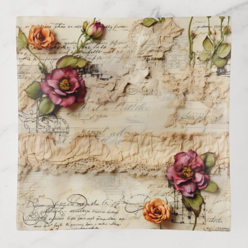 Vintage Parchment Love Letter with Flowers 8 Trinket Tray