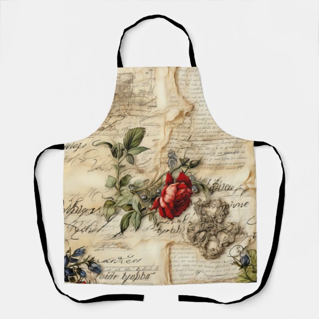 Vintage Parchment Love Letter with Flowers (9) Apron (Front)