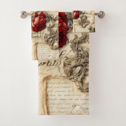 Vintage Parchment Love Letter with Flowers 9 Bath Towel Set