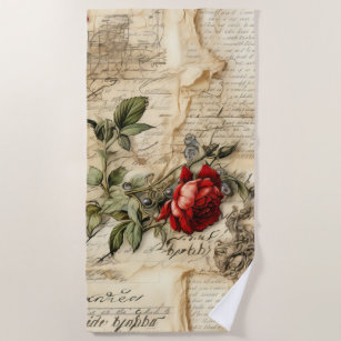 Vintage Parchment Love Letter with Flowers (9) Beach Towel