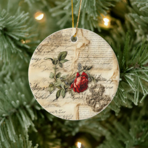 Vintage Parchment Love Letter with Flowers (9) Ceramic Ornament