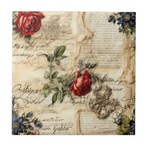Vintage Parchment Love Letter with Flowers 9 Ceramic Tile