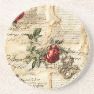 Vintage Parchment Love Letter with Flowers (9) Coaster