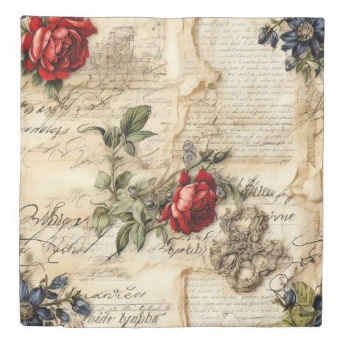 Vintage Parchment Love Letter with Flowers 9 Duvet Cover