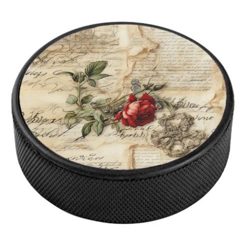 Vintage Parchment Love Letter with Flowers 9 Hockey Puck