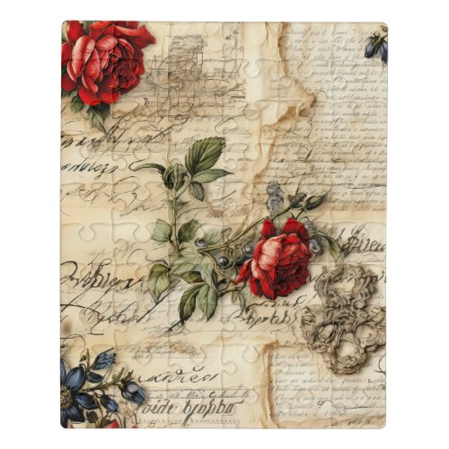 Vintage Parchment Love Letter with Flowers 9 Jigsaw Puzzle