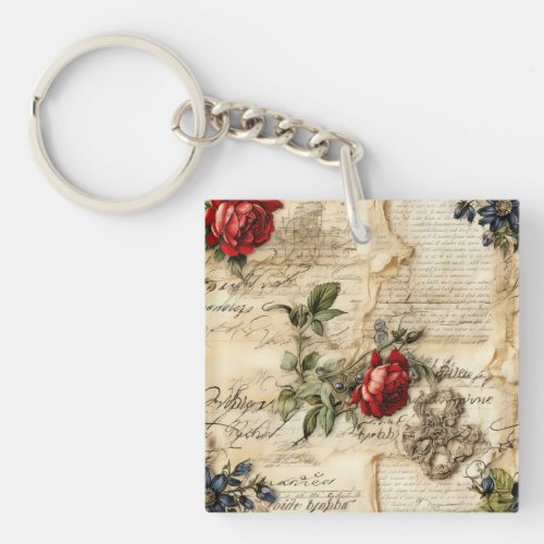 Vintage Parchment Love Letter with Flowers 9 Keychain