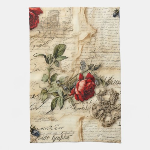 Vintage Parchment Love Letter with Flowers 9 Kitchen Towel