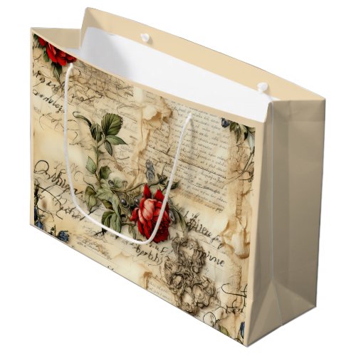 Vintage Parchment Love Letter with Flowers 9 Large Gift Bag