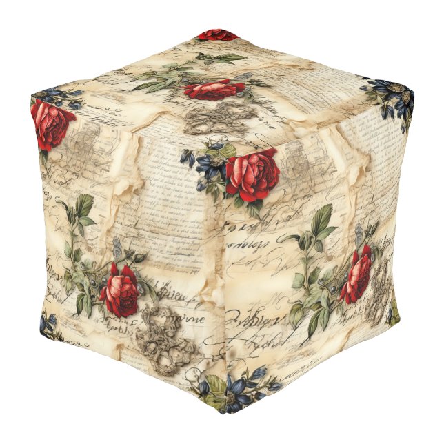 Vintage Parchment Love Letter with Flowers (9) Pouf (Angled Front)