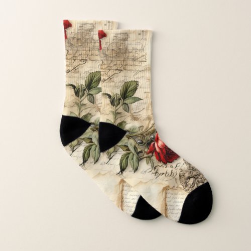 Vintage Parchment Love Letter with Flowers 9 Socks