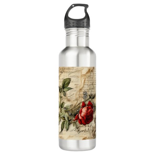 Vintage Parchment Love Letter with Flowers 9 Stainless Steel Water Bottle