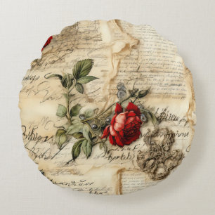 Vintage Parchment Love Letter with Flowers Round Pillow