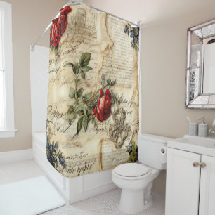 Vintage Parchment Love Letter with Flowers Shower Curtain