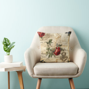 Vintage Parchment Love Letter with Flowers Throw Pillow