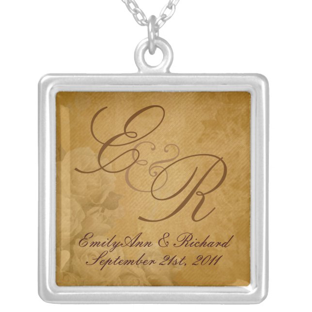 Vintage Parchment Roses - Wedding Monogram Pendant (Front)