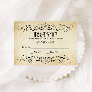 Vintage Parchment Scrollwork Flourish Wedding RSVP Card