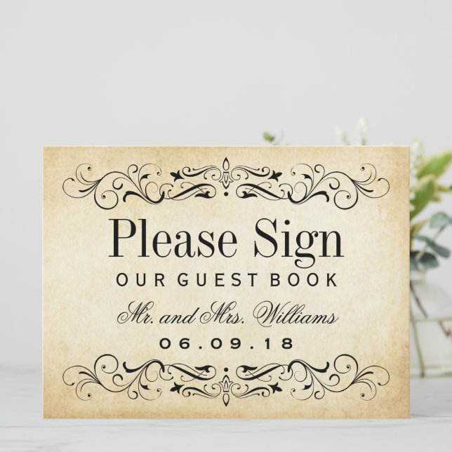 Vintage Parchment Scrollwork Guest Book Sign (Standing Front)