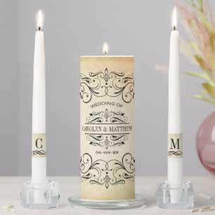 Vintage Parchment Scrollwork Monogram Wedding Unity Candle Set