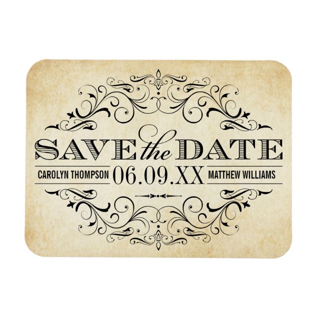 Vintage Parchment Scrollwork Save Date Magnet (Horizontal)