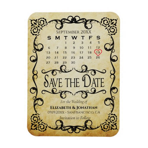 Vintage Parchment Wedding Save the Date Calendar Magnet