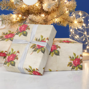 Vintage Parchment with Red Rose Floral Pattern Wrapping Paper